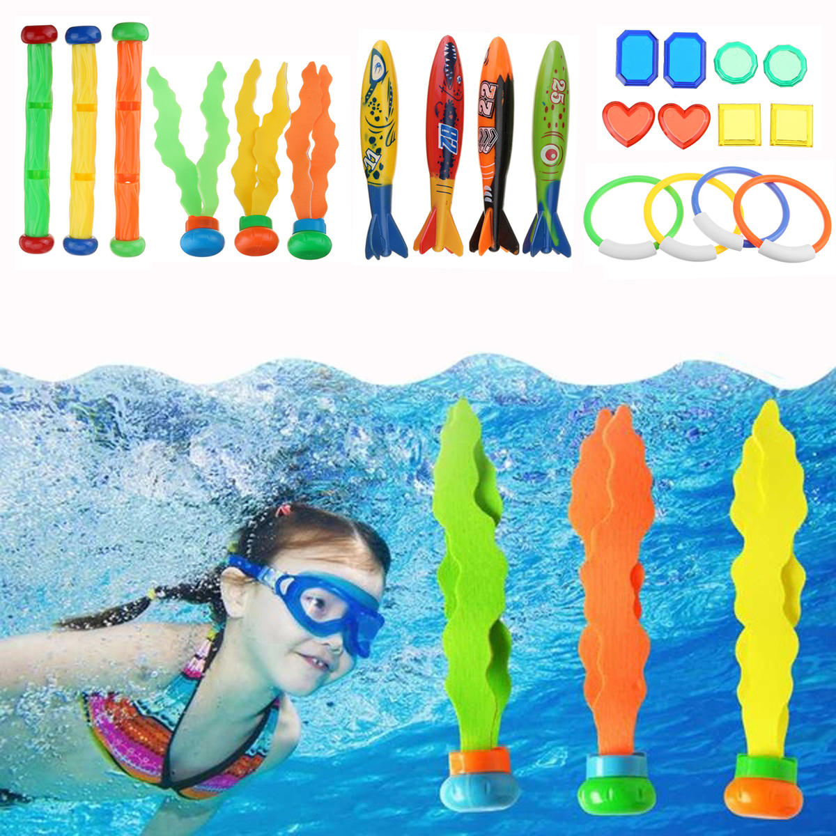 22 Pcs Brinquedos de Mergulho Anel de Mergulho Torpedo Varas de Natação de Verão Kit de Recreação Conjunto Brinquedos Su