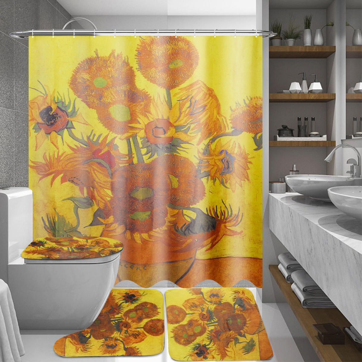 180x180cm Sunflower Bath Fabric Shower Curtains Waterproof Lid Toilet Cover Mat