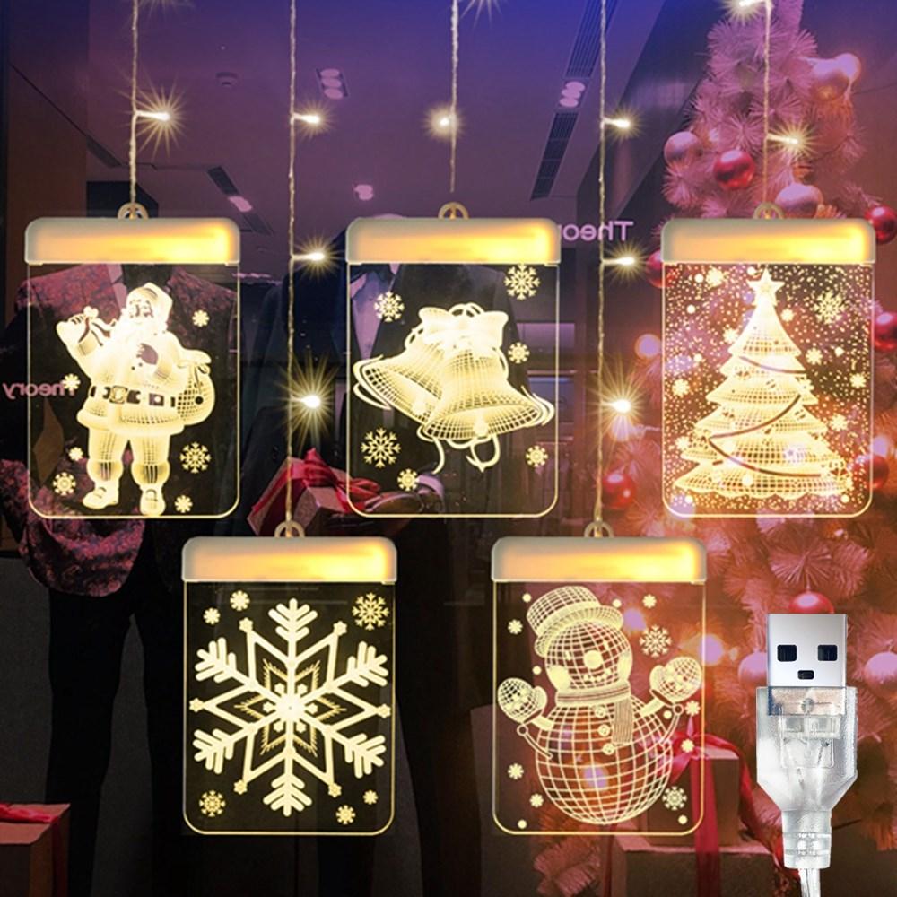 DC5V USB Kerstman + Bel + Kerstboom + Sneeuwvlok + Sneeuwman 3D LED Hangend Gordijn Lichtslinger