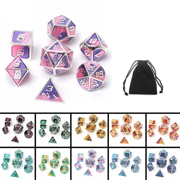 7 stks gemengde kleur polyedrale dobbelstenen metalen RPG dobbelstenen set met fluwelen zak kerkers 