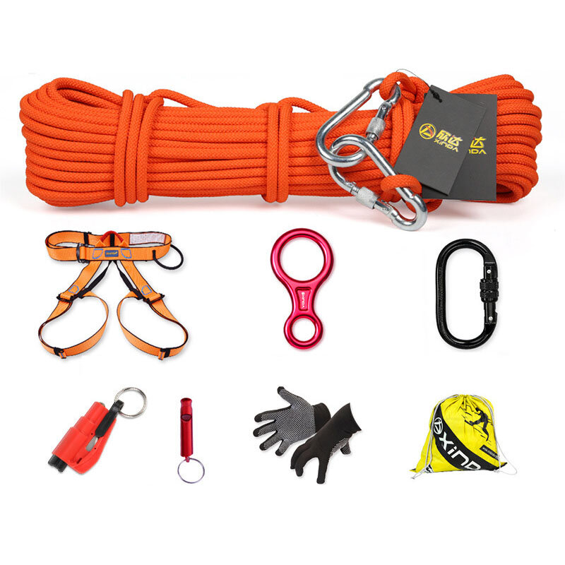 XINDA 8 In 1 Outdoor Survival Kits 10m Climbing Rope Safety Belt CarabinerWindow Breaker Gloves Whistle Speed-drop Rin