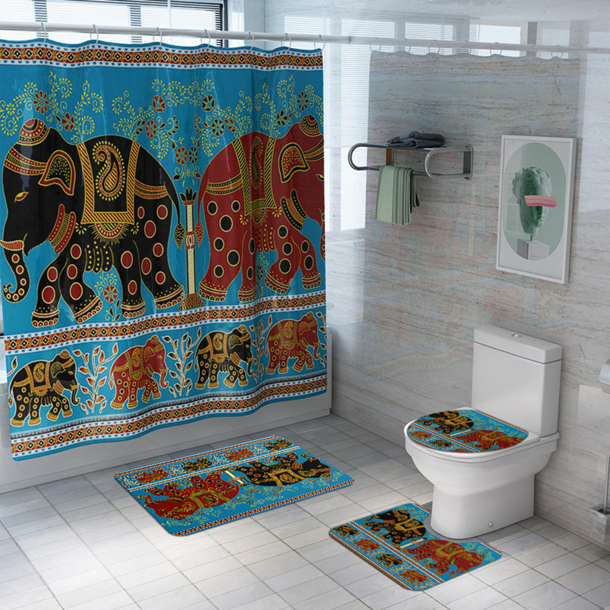 

4/3/1pcs Elephant Printing Shower Curtain Set Toilet Cover Bathroom Rug Set Floor Mat Bathroom Carpet Toilet Cover