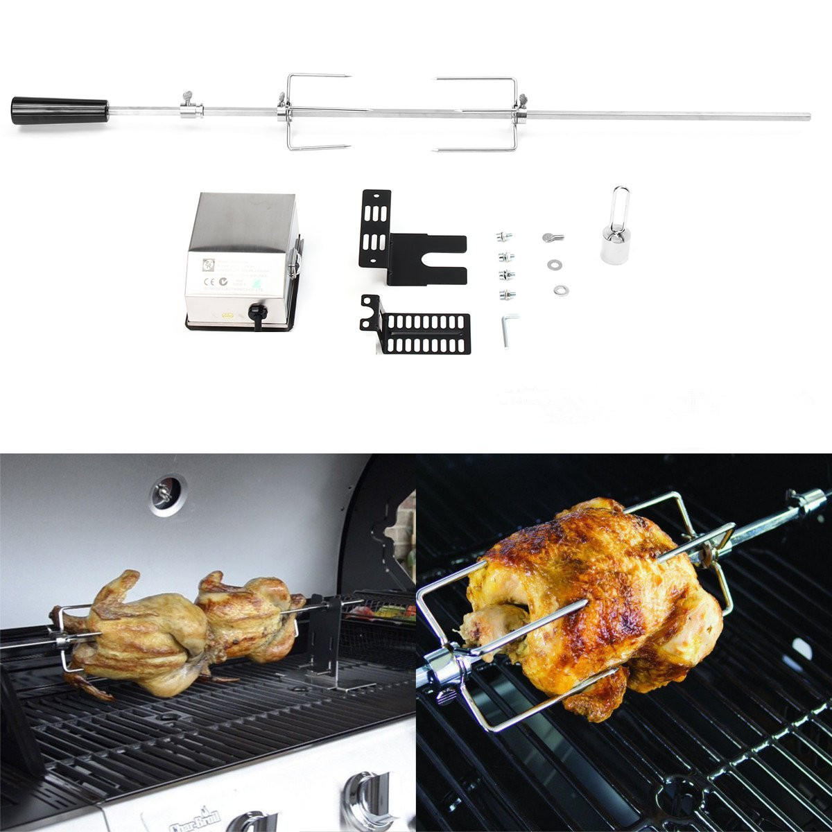 Stainless Steel Rotisserie BBQ Grill Roaster Spit Rod Camping Charcoal Kits 