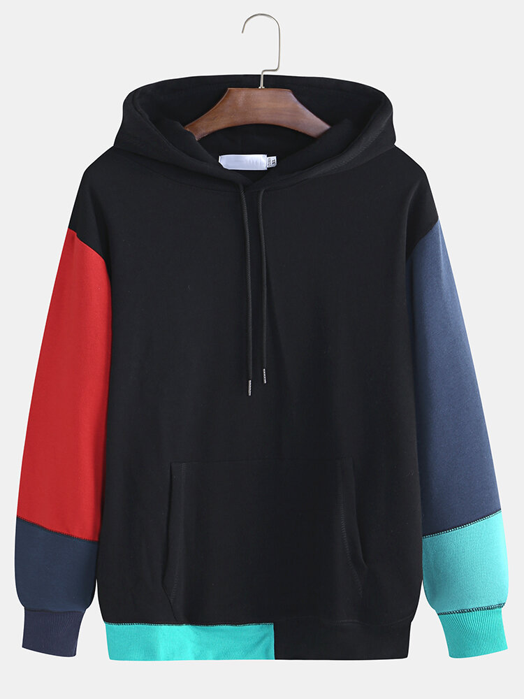 Men Color Matching Male Hooded Hit Color Loose Hooded Fall Shoulder Casual Sweaters