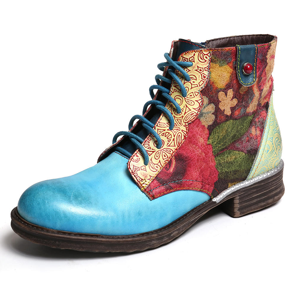 55% OFF on Watercolor Flower Splicing Zipper Lace Up Ankle Boots