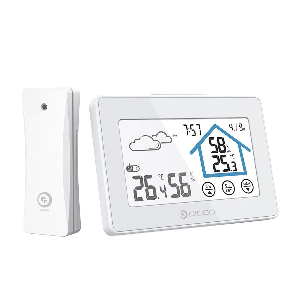 DIGOO DG-TH8380 Touch Screen Weather Station Daily Clock Low battery Alarm Thermometer Hygrometer Outdoor Indoor Temperature Humidity Sensor