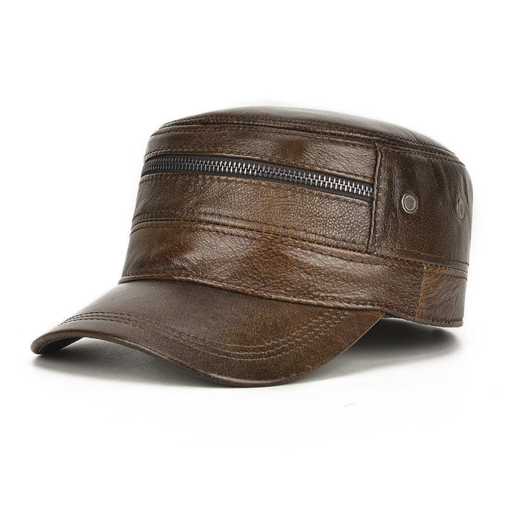 Middle-aged Flat-top Leather Hat Men's Winter Top Layer Cowhide Warm Hat Flat Hats