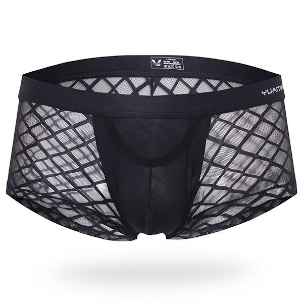 Underwear plaids mesh transparent breathable pouch boxer briefs for men ...