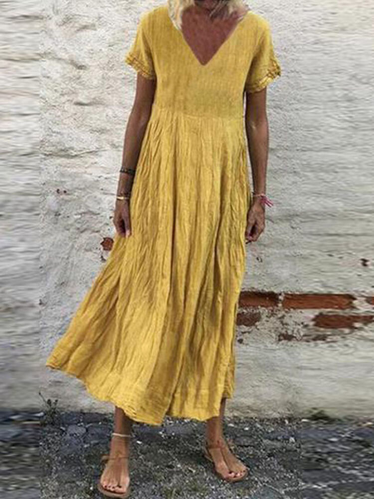 Casual Women Pure Color V-Neck Short Sleeve Dress