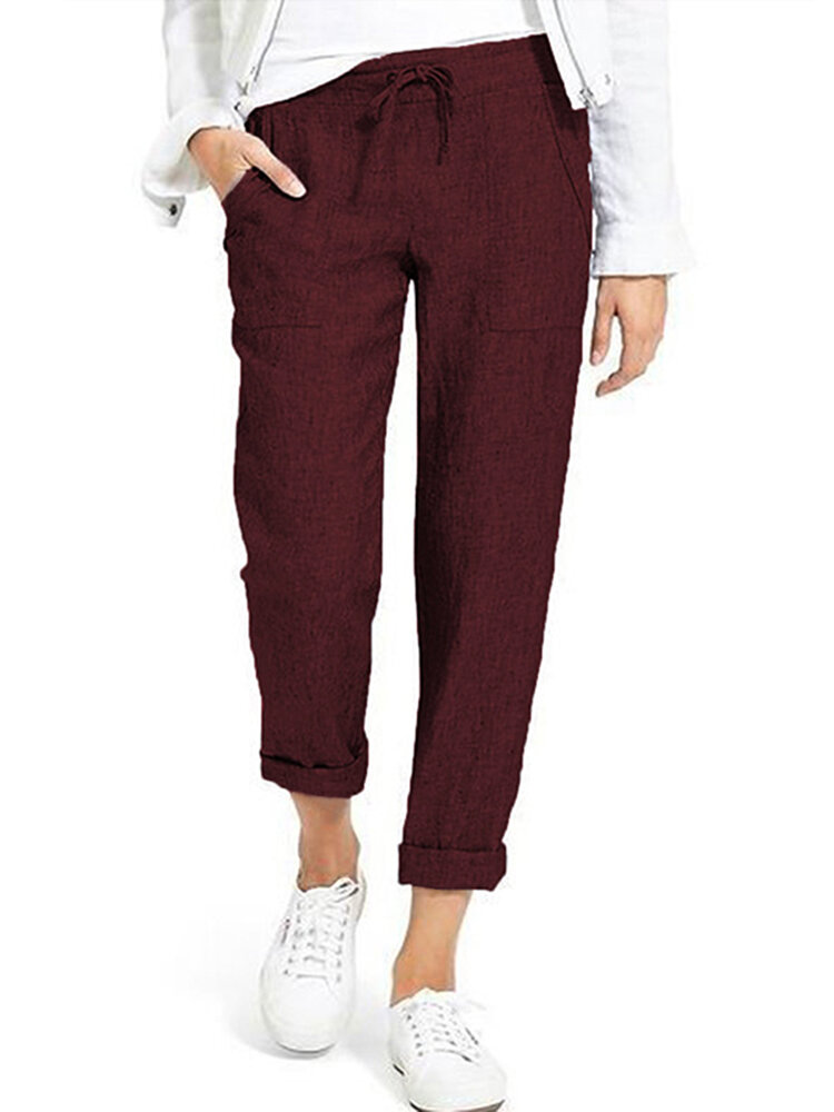 women pure color elastic waist side pockets trouser pants at Banggood