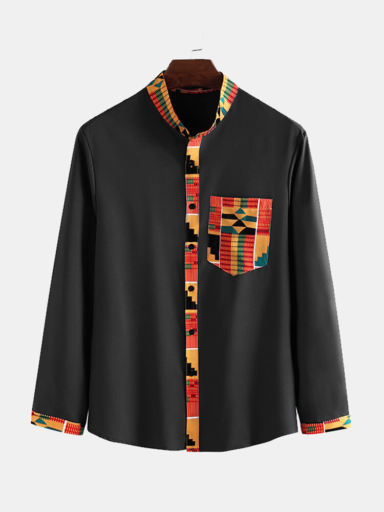 Mens Ethnic Style Pattern Pocket Long Sleeve Casual Shirts