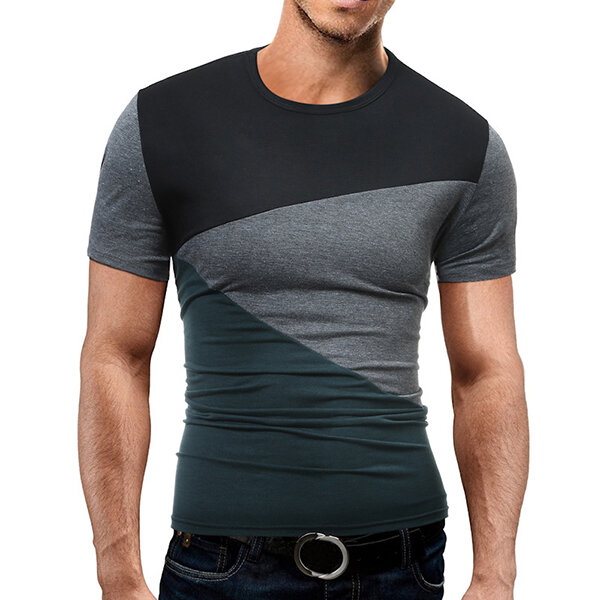 Summer mens causal hit color stitching t-shirts cotton soft sports ...