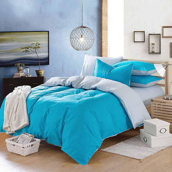 100% Cotton 3/4 Pieces Bedding Sets Sky Blue Reactive Dyeing Duvet Cover Flat Sheet Pillow Case Set