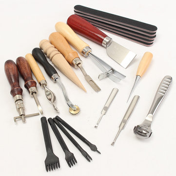 20pcs Wood Handle Leather Craft Tool Kit Leather Hand Sewing Tool Punch Cutter DIY Set