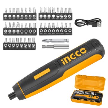 INGCO CSDLI0403 4Nm Electric Cordless Screwdriver with 40pcs 25mm Cr-V Bits LED Light Charging Adapter with USB Cable & Storage Box CSDLI0403