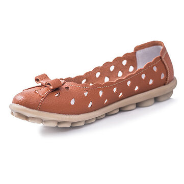 New Women Breathable Soft Comfortable Hollow Out Leather Flat Slip-On Shoes