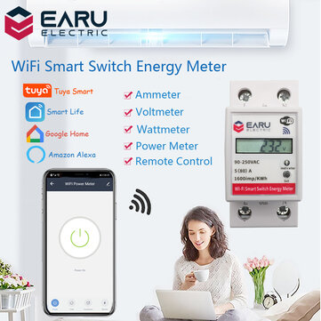 EARU Tuya WiFi Smart Switch Power Energy Meter Consumption kWh Voltmeter 90-250V Din Rail Remote Control Switch Works With Alexa Google Home