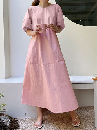 Solid Color O-neck Puff Sleeve Plain Casual Side Pocket Holiday Maxi Dress
