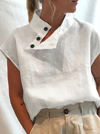 Women Solid Color Button High Collar Short Sleeve Shirts