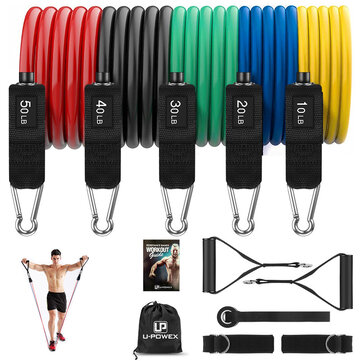 KALOAD 5 Pcs 150LBs Fitness Resistance Band Set Sport Pull Rope with Metal Foot Ring Handle Storage Bag Home Gym Exercise Bands