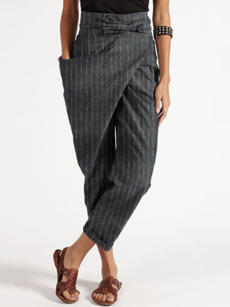 Casual Zipper Stripe Side Pocket Belted Irregular Harem Pants For Women
