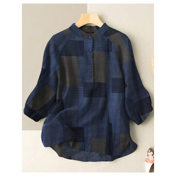 Check Print Button Stand Collar 3/4 Sleeve Women Blouse