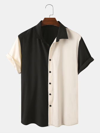 Men Designer Solid Color Patchwork Short Sleeve Casual Shirts