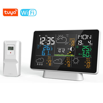 Tuya Wifi Wireless Weather Station Alarm Clock With 7.5 Inch Display / Atomic Clock / Weather Forecast / Outdoor Thermometer / Air Pressure / Moon Phase