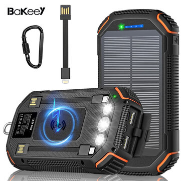 [EU Direct]Bakeey 36000mAh 15W Solar Power Bank Wireless Charging External Battery Power Supply with LED Torch 3 Inputs & 4 Outputs Fast Charging for iPhone 15 14 13 for Xiaomi 14pro for Huawei Mate60 Pro for Samsung Galaxy S24