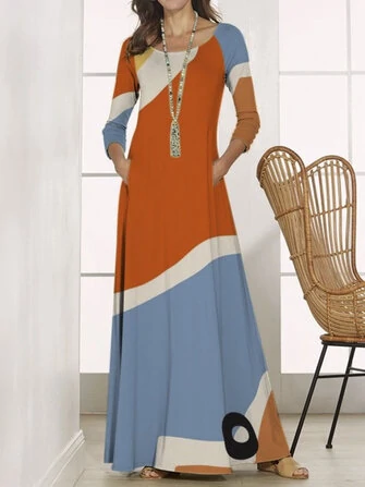 Plus Size Women Color Block Round Neck Casual Maxi Dresses With Pocket