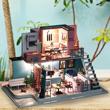 Handmade 3d Wooden Miniatures Doll House Pink Cafe Dollhouse
