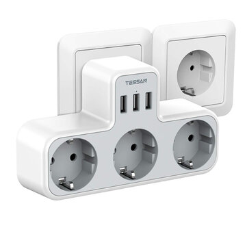 TESSAN TS-323-DE German/EU 3600W Wall Socket Extender with 3 AC Outlets/3 USB Ports 5V 2.4A Power Adapter Overload Protection Sockets for Home/Office