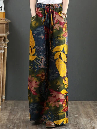 Women 100% Cotton Plant Leaves Print High Elastic Waist Loose Pants With Side Pocket