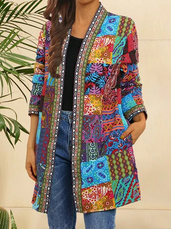 Women Tribal Print Coloblock Mid-Length Ethnic Style Open Front Jacket With Pocket