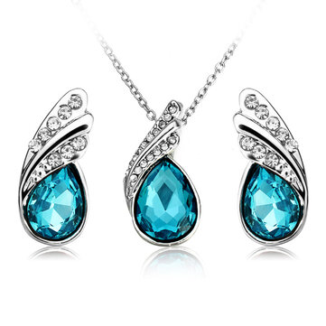 Crystal Water Drop Necklace Earrings Jewelry Set Silver Plated Jewelry Gift for Women