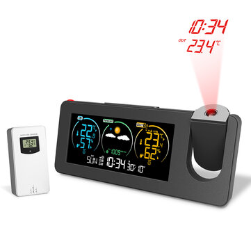 AGSIVO Weather Station Projection Alarm Clock Wireless Indoor Outdoor Thermometer with Atomic Clock and Rotating Projector Forecast Station with Calendar