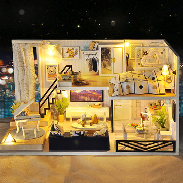 SH-RuiDu DIY Doll House Music Box Miniature DIY House Kit with Transparent Cover LED Light 