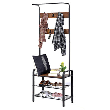 DouxLife® DL-CS01 3in1 Design Coat Rack Shoe Stool With Metal Frame for Home Entry Storage Industrial Style Furniture Supplies