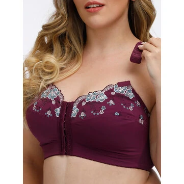 FULLGLADY Plus Size Embroidery Wireless Full Cup Front Closure Bra