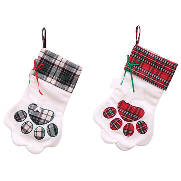 Loskii Christmas Socks Red Blue Plaid Dogs Paw Stockings Sacks Hanging New Year Kids Gifts Christmas Party Decorations